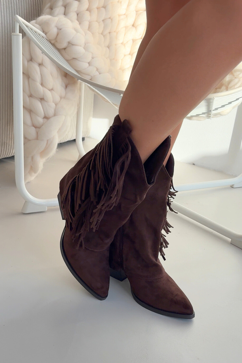 Women's Cowboy Boots With Fringes On Heel Chocolate Gralina