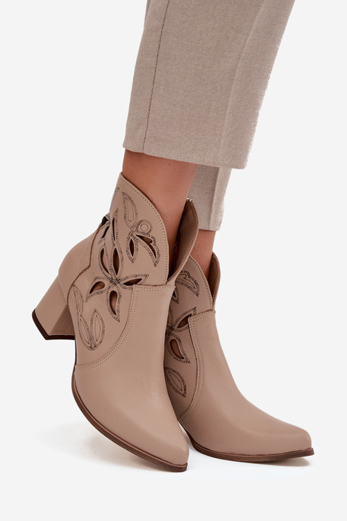 Leather Openwork Women's Ankle Boots On Heel Zazoo 3647 Light Beige