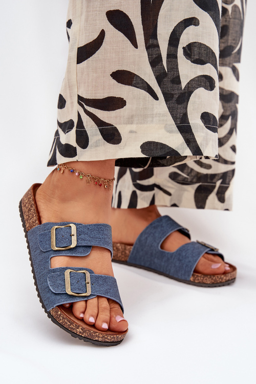 Ladies Slippers On Cork Platform With Buckles Dark Jeans Vesina
