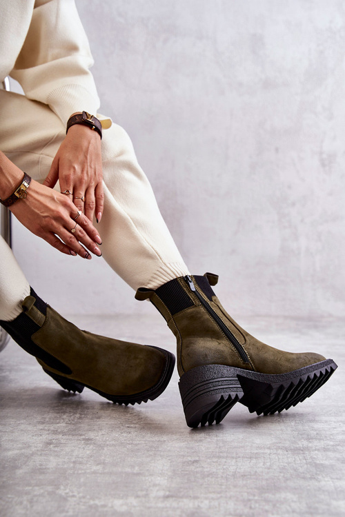 Botki Damskie Ocieplane Obcas Zielone Abella