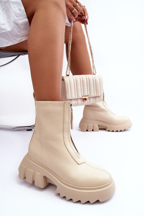 Women's Massive Platform Boots with Zipper Beige Kusma