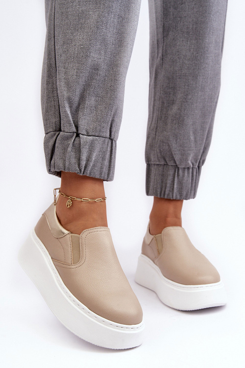 Buty Sportowe Damskie Skóra Platforma Beżowe Lemar Manish 10151