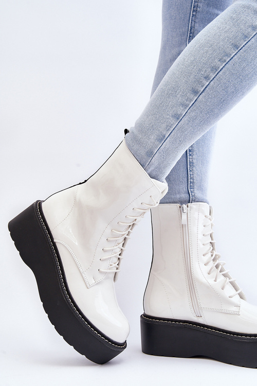 Women's White Patent Leather Boots with Chunky Sole Movana