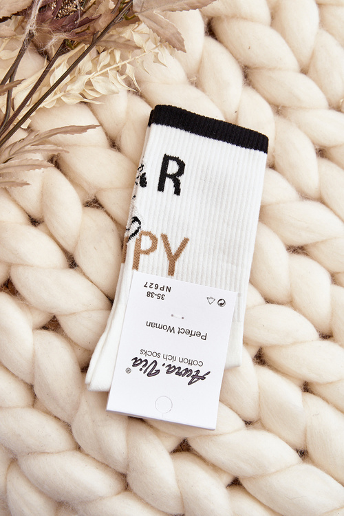 Women's Cotton Socks with Writing and Bear White