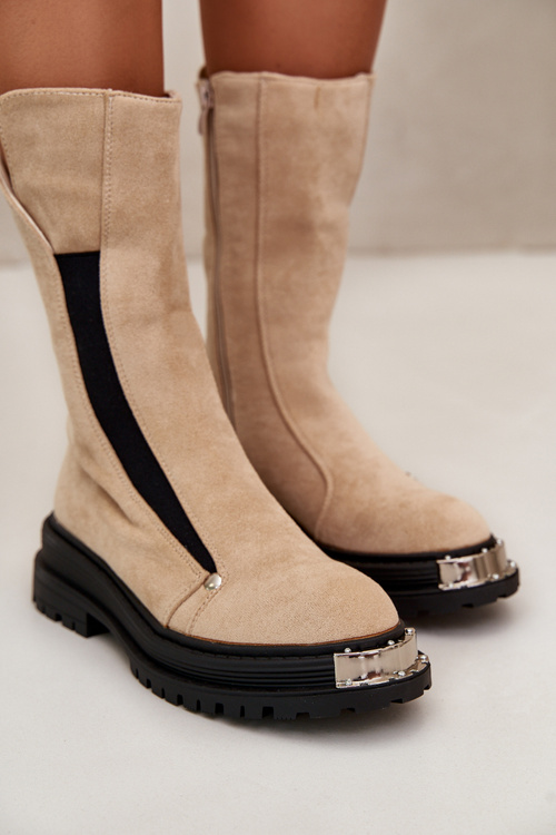 Suede Insulated Boots On Flat Heel Light Beige Palimra