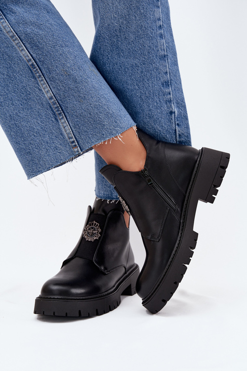 Insulated Low Women's Ankle Boots With Decoration On Zip Black Lavira