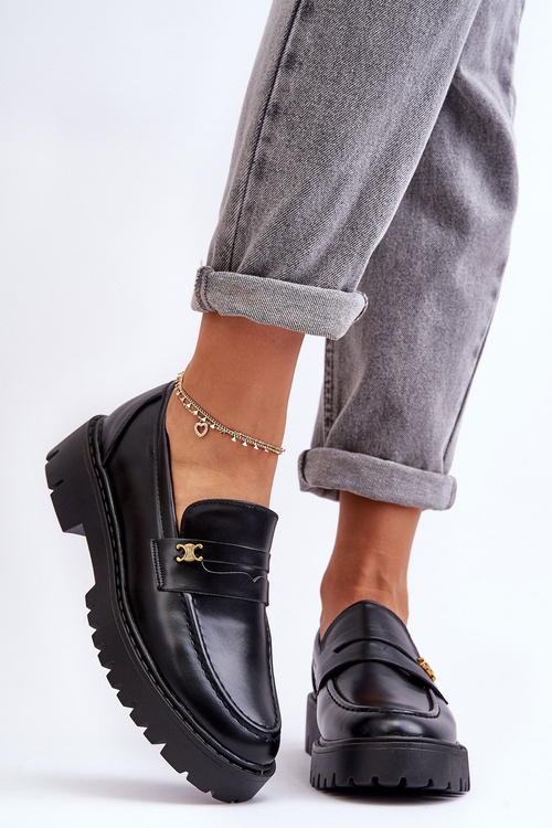 Leather Moccasins With Ornament Black Esperta