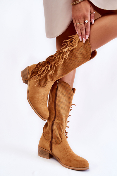 Women's Suede Cowboy Boots With Fringes Camel Haddy