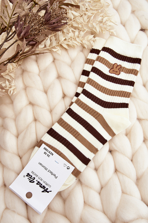 Women's Striped Socks with Bunny Creamy-Brown