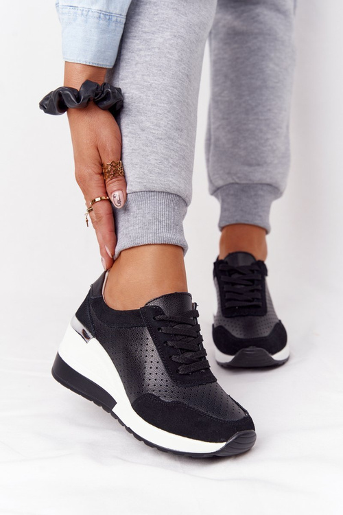 Ażurowe Skórzane Sneakersy Na Koturnie S.Barski Czarne