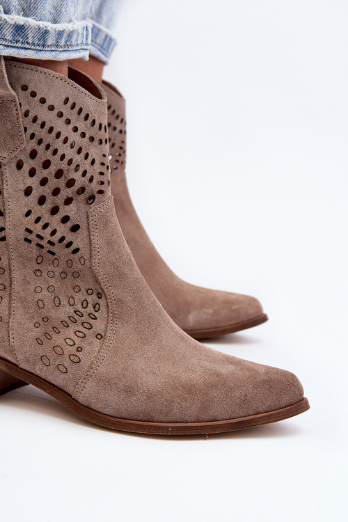 Botki Kowbojki Damskie Ażurowe Zamszowe Niski Obcas Cappucino Zazoo 3305/2