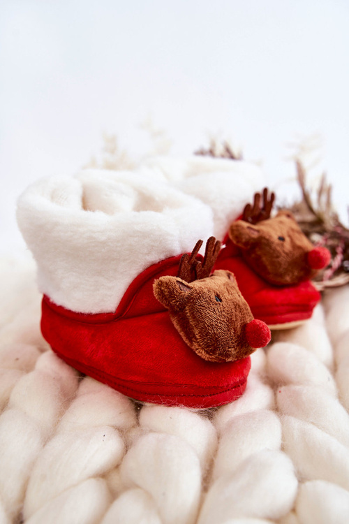 Papcie Dziecięce Ocieplane Brązowy Renifer Czerwone