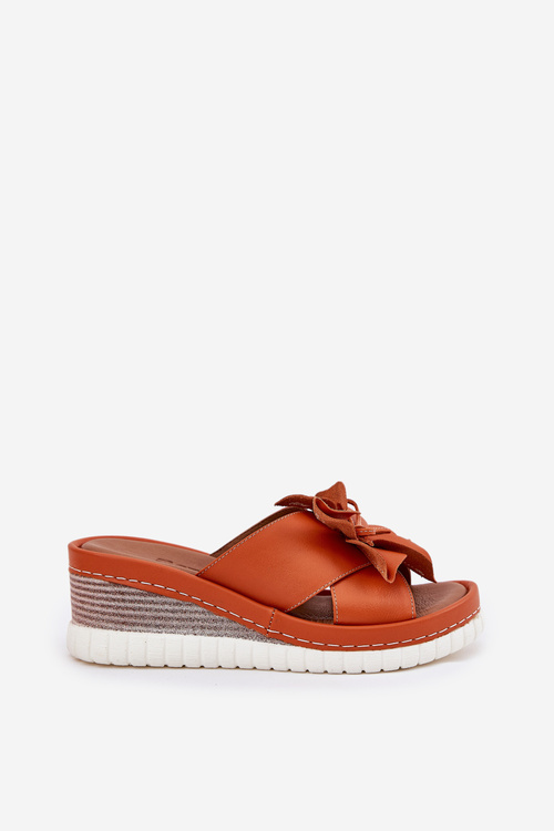 Damskie Klapki Skóra Naturalna Koturn Ozdoby Kwiatek Pomarańczowe Artiker 52C0505