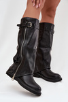 Women's Boots With Turned Cuff Buckle And Silver Zipper Lined Black Bressa