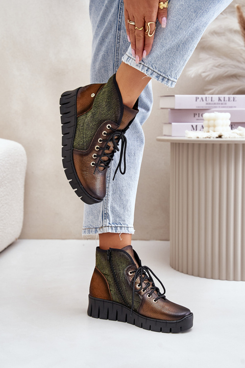 Botki Skóra Naturalna Platforma Koturn Zielono-Złote Maciejka 06702-09