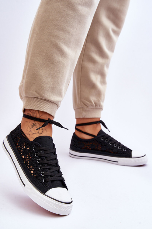 Trampki Damskie Ażur Materiał Czarne Fergo