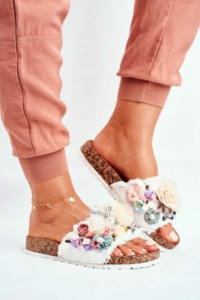 Klapki Damskie Z Kwiatami Białe Enrissa