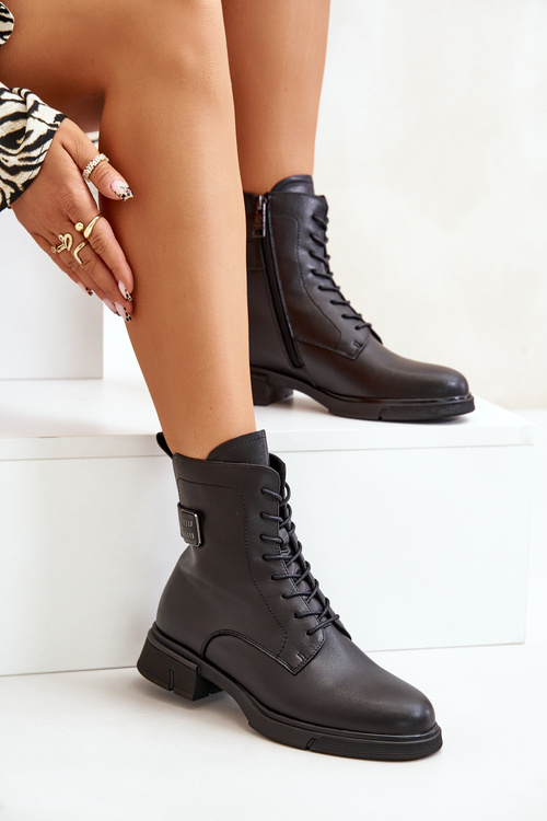 Warm Women's Worker Boots Natural Leather Black Vinceza 66688