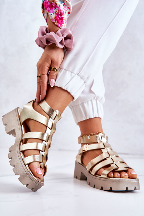 Sandały Modne Skóra Paseczki Złote Minorite