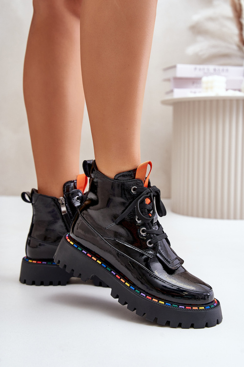 Leather Patent Ankle Boots Worker With Zipper Black Anafra