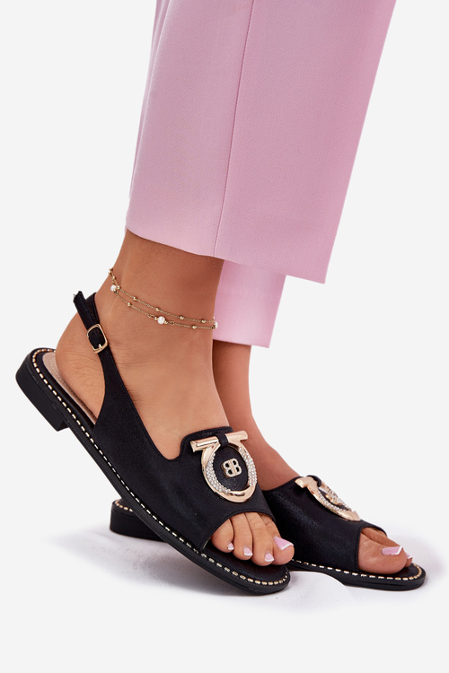 Elegant Sandals With Decoration On Flat Heel S.Barski KV51-003 Black