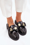 Mokasyny Damskie Lakierowane Kokardka i Ozdobna Broszka Czarne Leandriel