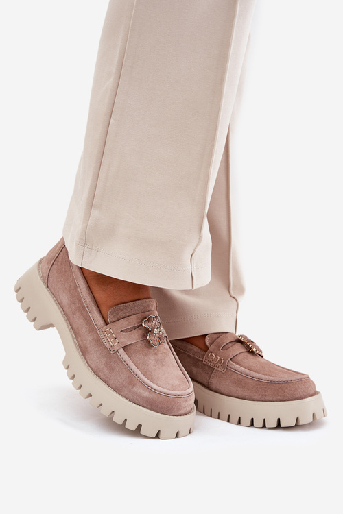 Suede Women's Moccasins With A Bear Emblem Vinceza 79533 Beige