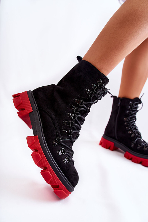 Warm Suede Boots Workers Tied Black-Red Pierro