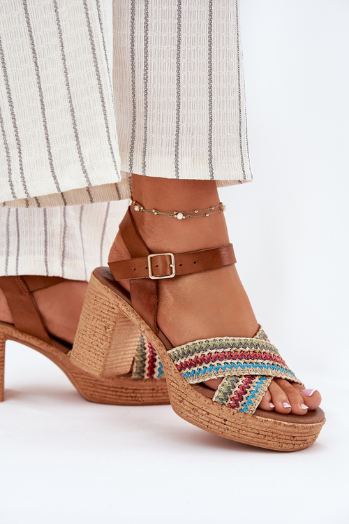 Leather Heeled Sandals With Braiding On Straps Brown Zazoo 40460