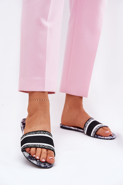 Płaskie Materiałowe Damskie Klapki Ze Wzorem Czarne Leysi