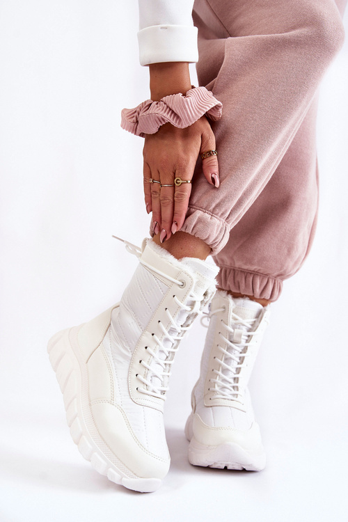 Botki Śniegowce Damskie Sznurowane Platforma Biało-Beżowe Anubi