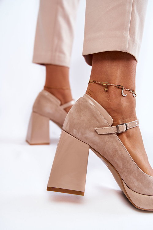 Czółenka Skóra Zamsz Masywny Obcas Beżowe Tina