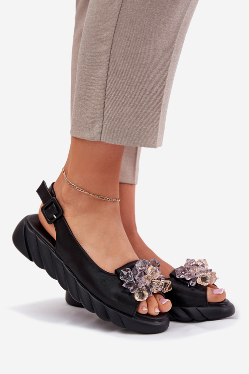 Sandały Damskie Z Kryształkami Skóra Naturalna Czarne Artiker 54C1628