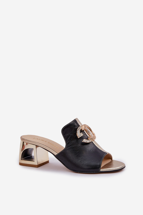 Klapki Damskie Skóra Naturalna Obcas Eleganckie Czarno-Złote Laura Messi 2875