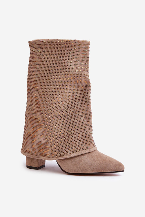 Decorated Shiny Ankle Boots With Turned Shaft On Heel Insulated Beige Xistaria