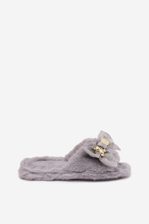 Furry Women's Slippers With Bow And Gold Embellishment Gray Nolara