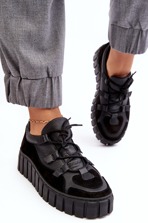 Buty Sportowe Damskie Skóra Platforma Czarne M01/1 Zazoo