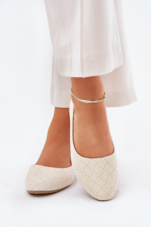 Brokatowe Błyszczące Baleriny Płaskie Damskie Złote Tatorelis