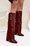 Women's Heeled Boots Turned Shaft Straps With Buckles Burgundy Nirisa