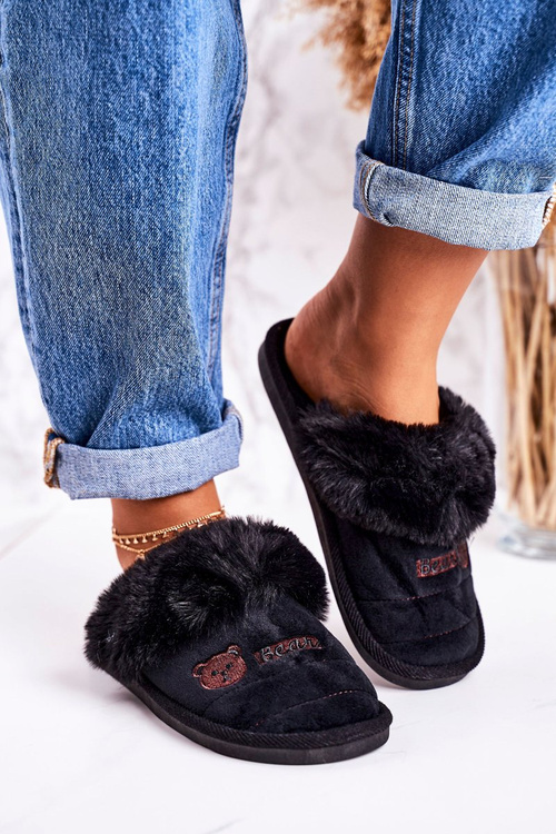 Women's Home Slippers With Fur Black Teddy