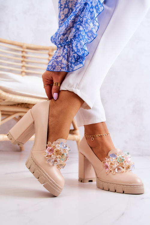 Elegant Pumps With Ornament Smooth Beige Caterine