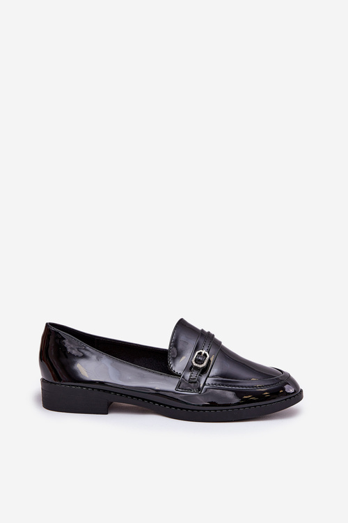 Lacquered Women's Loafers With Decorative Buckle Black Mollan