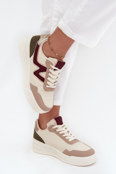 Damskie Sneakersy Złote Wstawki Platforma Beżowe Zalvra