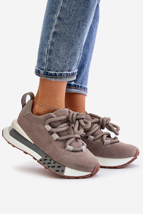 Damskie Zamszowe Sneakersy Grube Sznurowanie Platforma Szare Artiker 54C1463