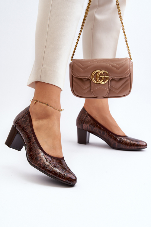 Brown Embossed Patent Leather Pumps Cynania