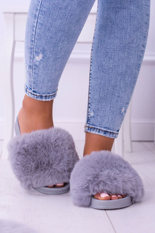 Lu Boo Women's Furry Flip Flops Grey Fur XXL