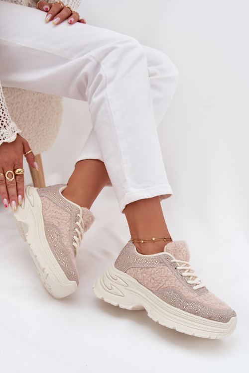 Women's Sneakers With Rhinestones And Sheepskin Light Beige Zarika