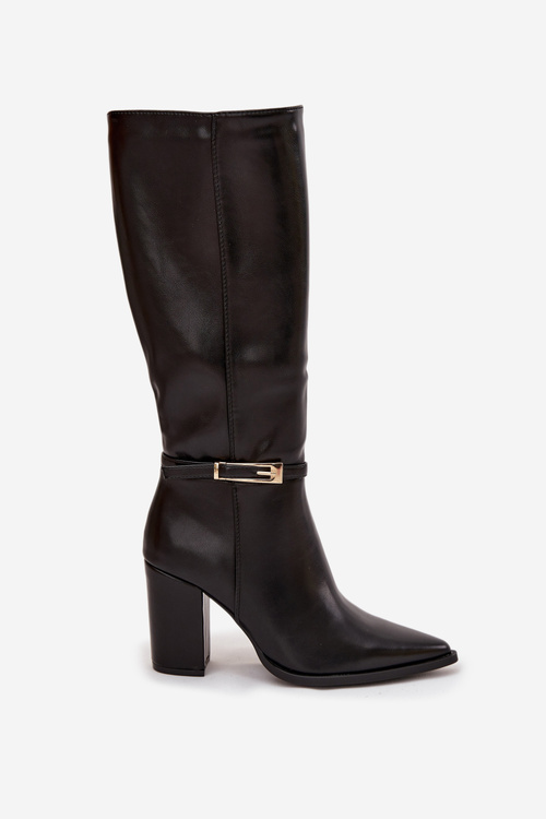 Damskie Kozaki Obcas Słupek Złota Klamra Ocieplane Czarne Cirella