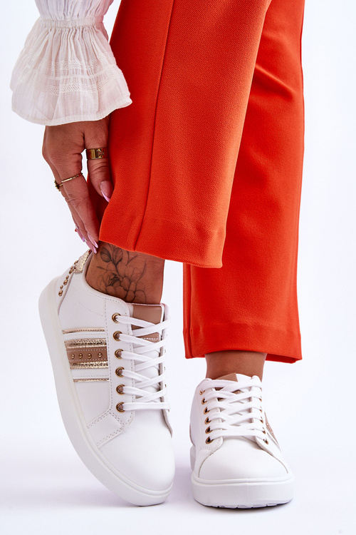 Sneakersy Damskie Skóra Ćwieki Biało-Złote Dory