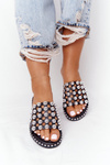 Openwork Leather Slippers With Rhinestones Black Alana